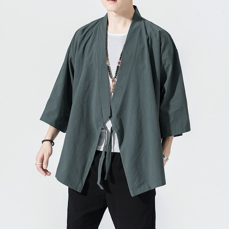 Buddha Stones Letnie, swobodne, minimalistyczne, męskie kimono ze ściągaczem i rękawami do łokci - CadetBlue - US/UK/AU46, EU56 (5XL) - image 0