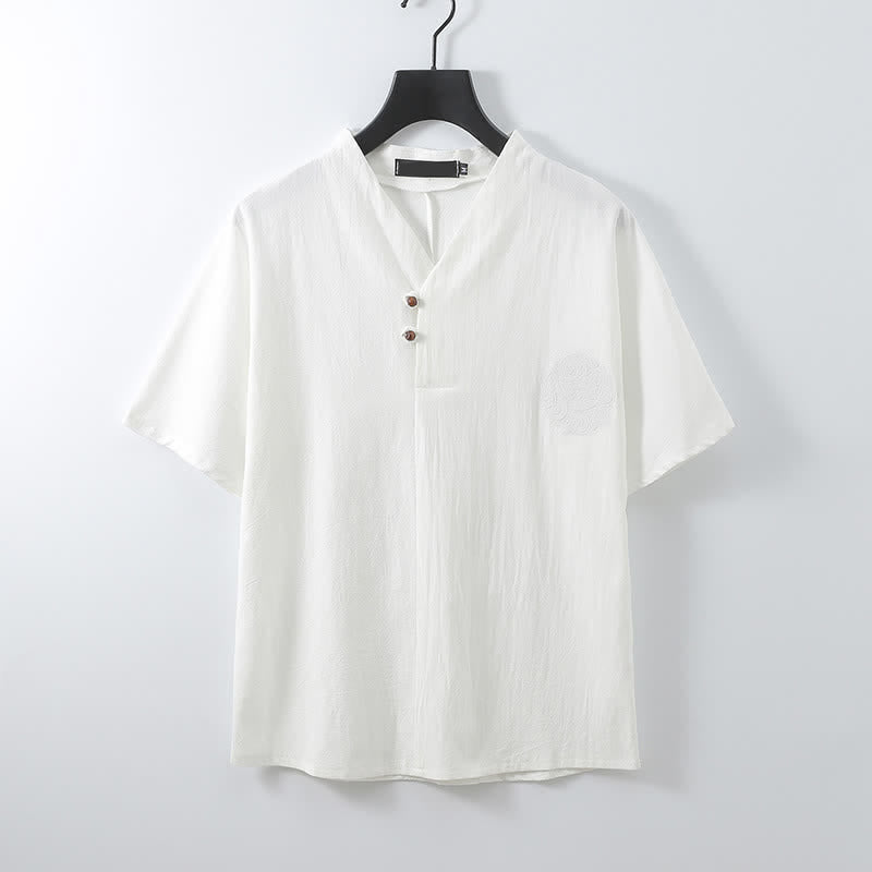 Buddha Stones 2 sztuki letniej koszuli z krótkim rękawem w stylu Tang, z haftem, z litej bawełny i lnu, męskiej, do medytacji, z kieszenią - image 13
