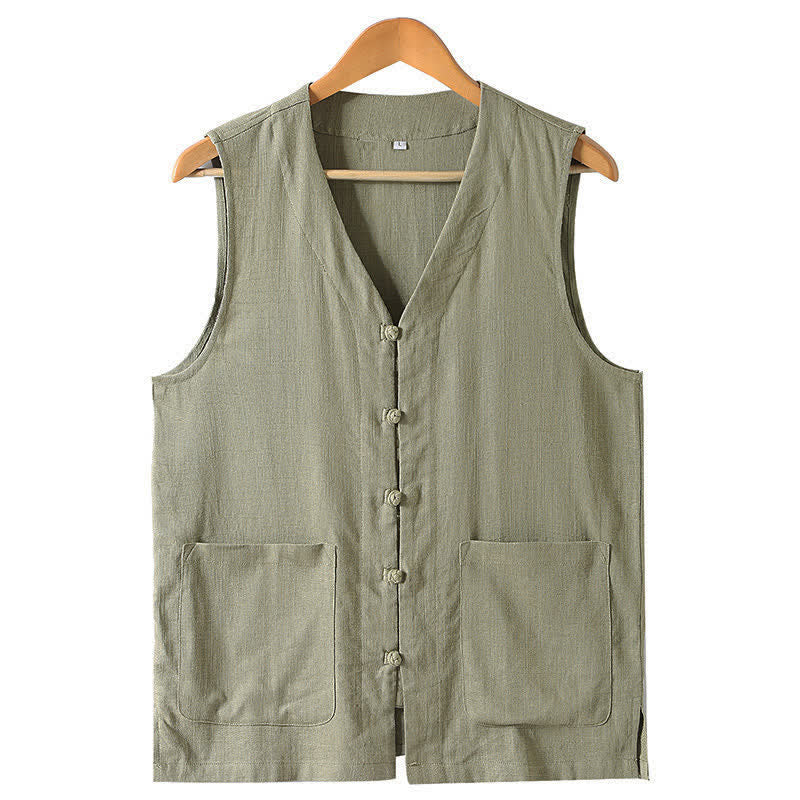 Buddha Stones Letni, swobodny, męski top bez rękawów z kieszeniami i guzikami w stylu Tang, z żabką i dekoltem w serek - Ciemny Khaki - US/UK/AU46, EU56 (5XL) - image 1