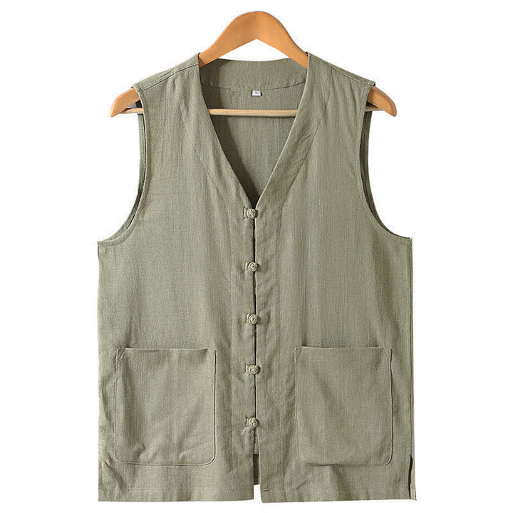 Buddha Stones Letni, swobodny, męski top bez rękawów z kieszeniami i guzikami w stylu Tang, z żabką i dekoltem w serek - Ciemny Khaki - US/UK/AU46, EU56 (5XL) - image 1