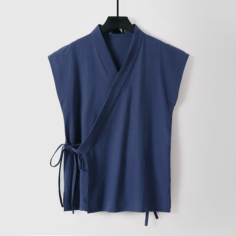 Buddha Stones 2 sztuki letniej koszulki do medytacji w stylu Tang ze ściągaczem z solidnej bawełny lnianej z krótkim rękawem, męskie spodenki do medytacji z kieszeniami - image 1