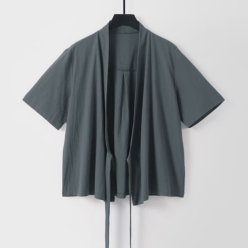 Buddha Stones Letnie, swobodne, minimalistyczne, krótkie rękawy, jednokolorowe, sznurowane, męskie kimono z bawełny i lnu, z odkrytym przodem - DimGray - US/UK/AU54, EU64 (9XL) - image 0