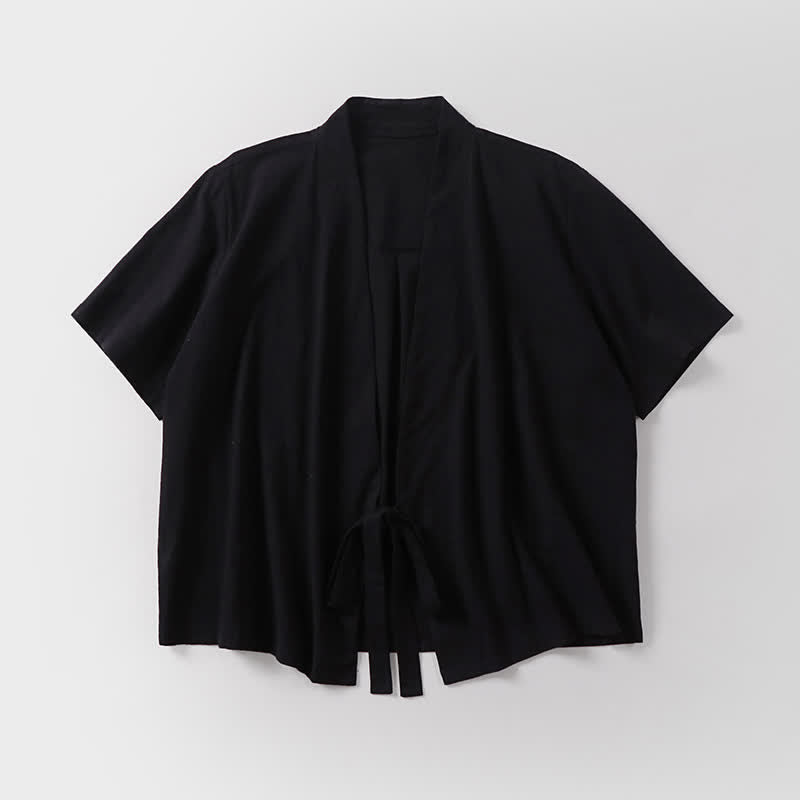 Buddha Stones Letnie, swobodne, minimalistyczne, krótkie rękawy, jednokolorowe, sznurowane, męskie kimono z bawełny i lnu, z odkrytym przodem - image 4