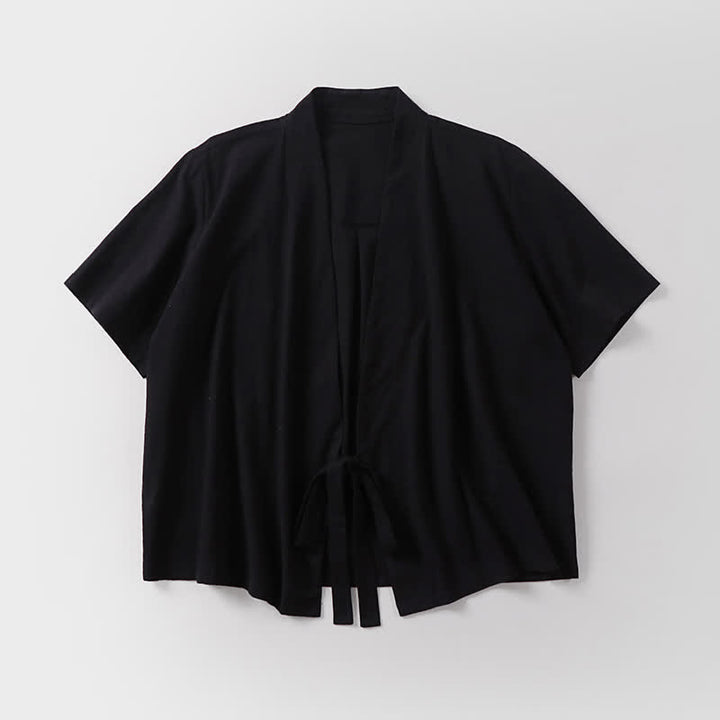 Buddha Stones Letnie, swobodne, minimalistyczne, krótkie rękawy, jednokolorowe, sznurowane, męskie kimono z bawełny i lnu, z odkrytym przodem - image 4