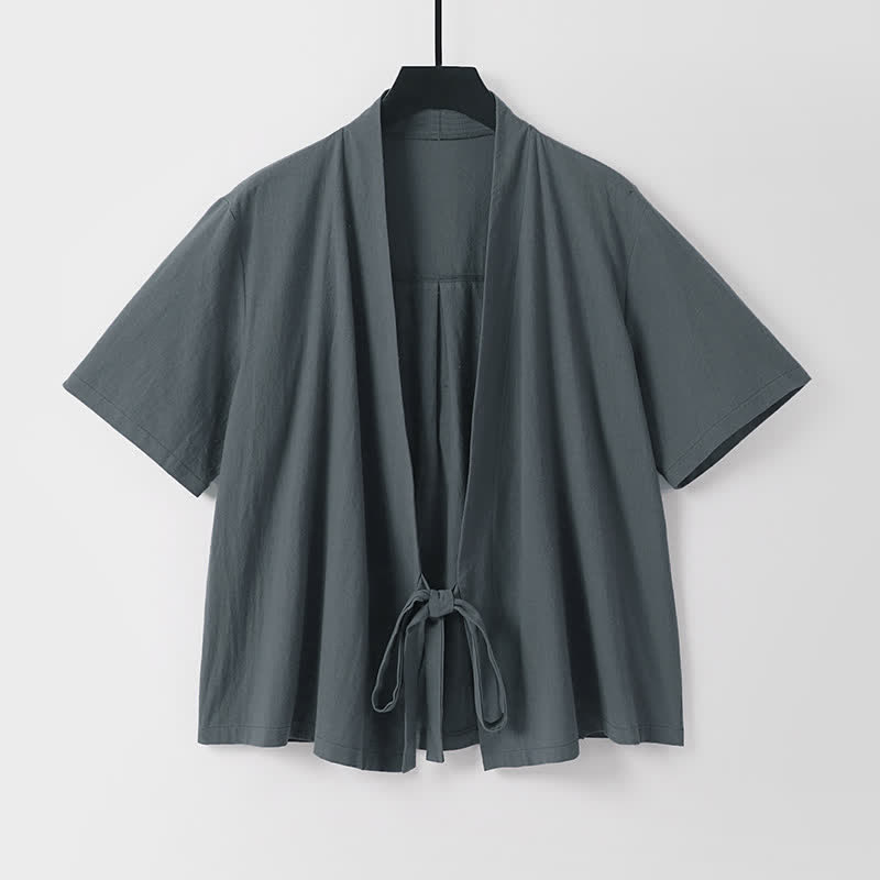 Buddha Stones Letnie, swobodne, minimalistyczne, krótkie rękawy, jednokolorowe, sznurowane, męskie kimono z bawełny i lnu, z odkrytym przodem - image 1