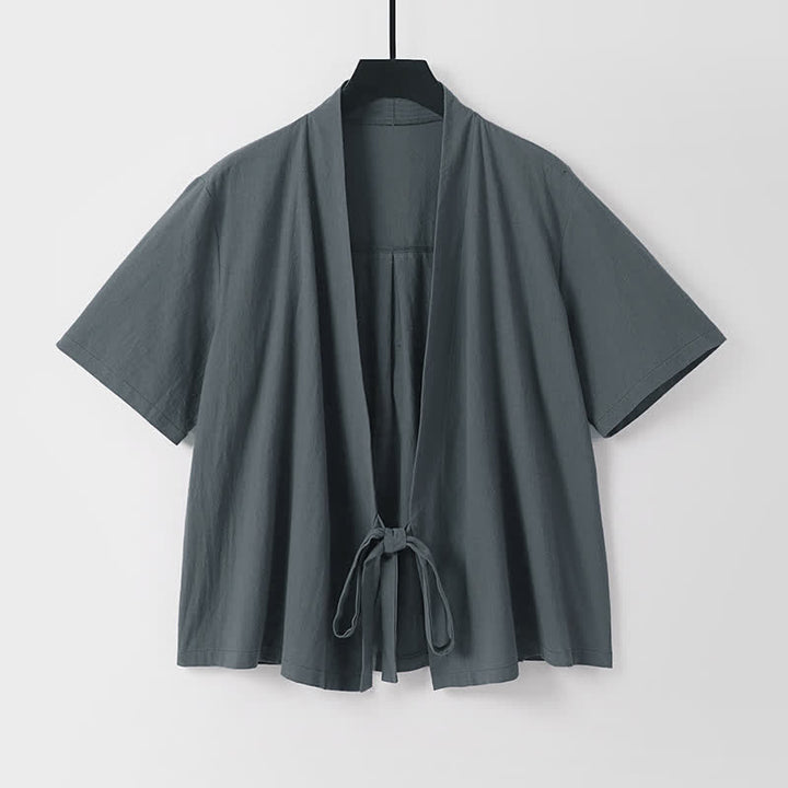 Buddha Stones Letnie, swobodne, minimalistyczne, krótkie rękawy, jednokolorowe, sznurowane, męskie kimono z bawełny i lnu, z odkrytym przodem - image 1