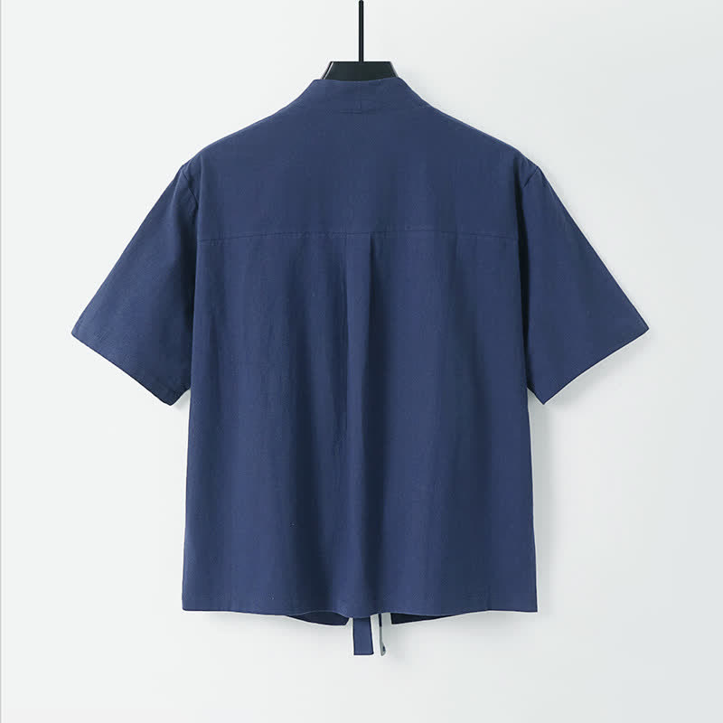 Buddha Stones Letnie, swobodne, minimalistyczne, krótkie rękawy, jednokolorowe, sznurowane, męskie kimono z bawełny i lnu, z odkrytym przodem - image 8