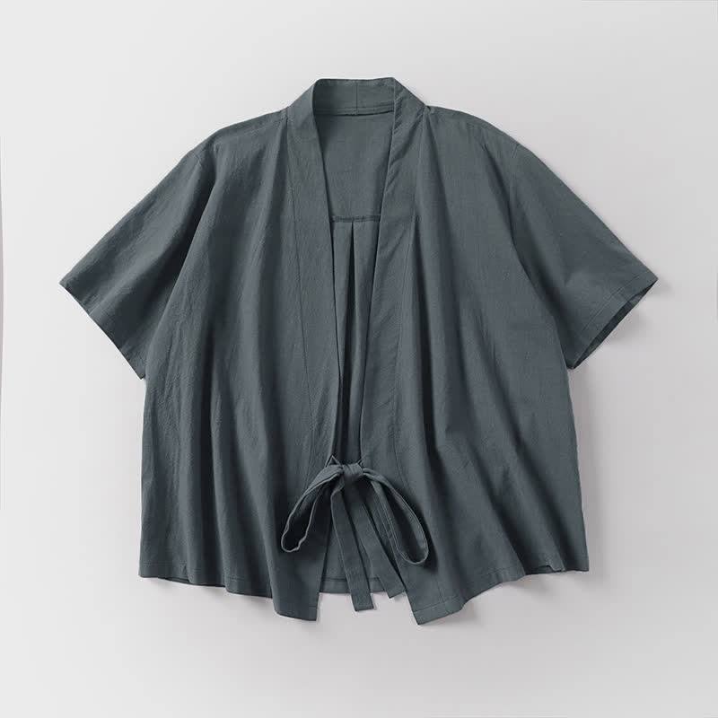 Buddha Stones Letnie, swobodne, minimalistyczne, krótkie rękawy, jednokolorowe, sznurowane, męskie kimono z bawełny i lnu, z odkrytym przodem - image 2