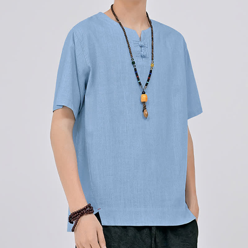 Buddha Stones Letnie koszule męskie w stylu Tang, minimalistyczne, z dwoma guzikami w kształcie żaby, z okrągłym dekoltem i krótkim rękawem - image 15