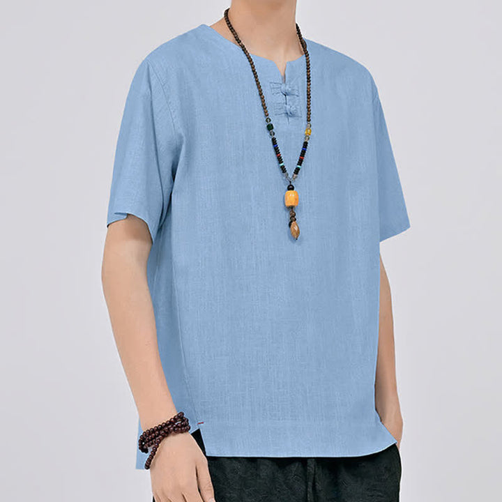 Buddha Stones Letnie koszule męskie w stylu Tang, minimalistyczne, z dwoma guzikami w kształcie żaby, z okrągłym dekoltem i krótkim rękawem - image 15