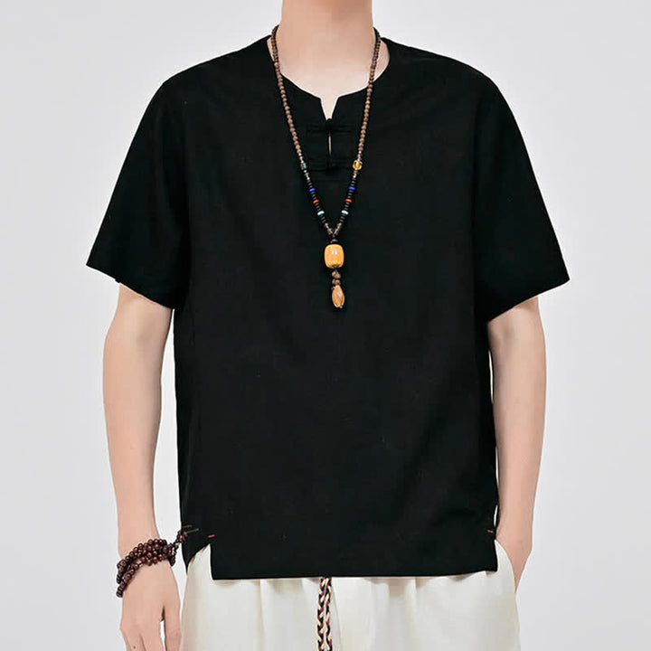 Buddha Stones Letnie koszule męskie w stylu Tang, minimalistyczne, z dwoma guzikami w kształcie żaby, z okrągłym dekoltem i krótkim rękawem - Czarny - US/UK/AU46, EU56 (5XL) - image 7