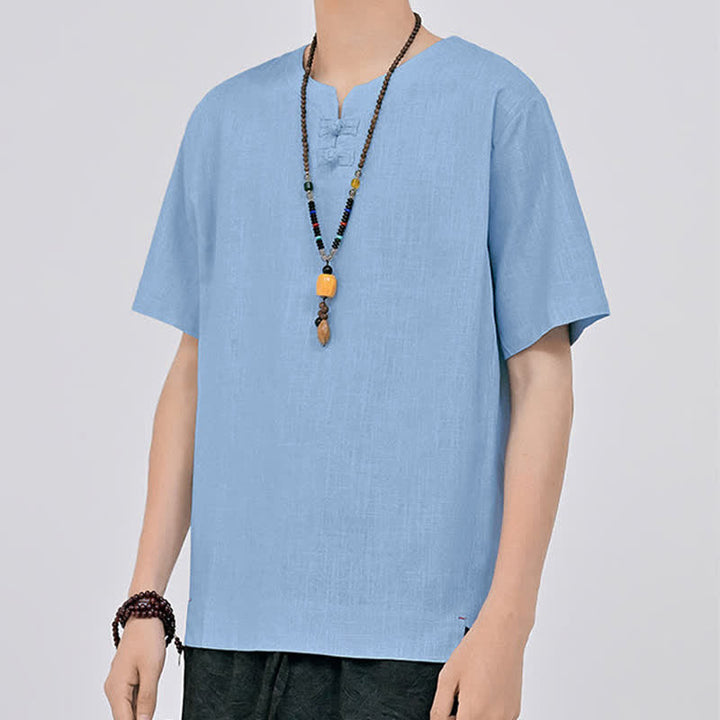 Buddha Stones Letnie koszule męskie w stylu Tang, minimalistyczne, z dwoma guzikami w kształcie żaby, z okrągłym dekoltem i krótkim rękawem - image 16