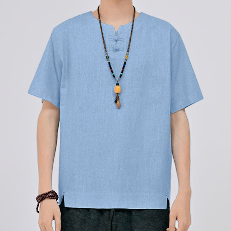 Buddha Stones Letnie koszule męskie w stylu Tang, minimalistyczne, z dwoma guzikami w kształcie żaby, z okrągłym dekoltem i krótkim rękawem - image 17
