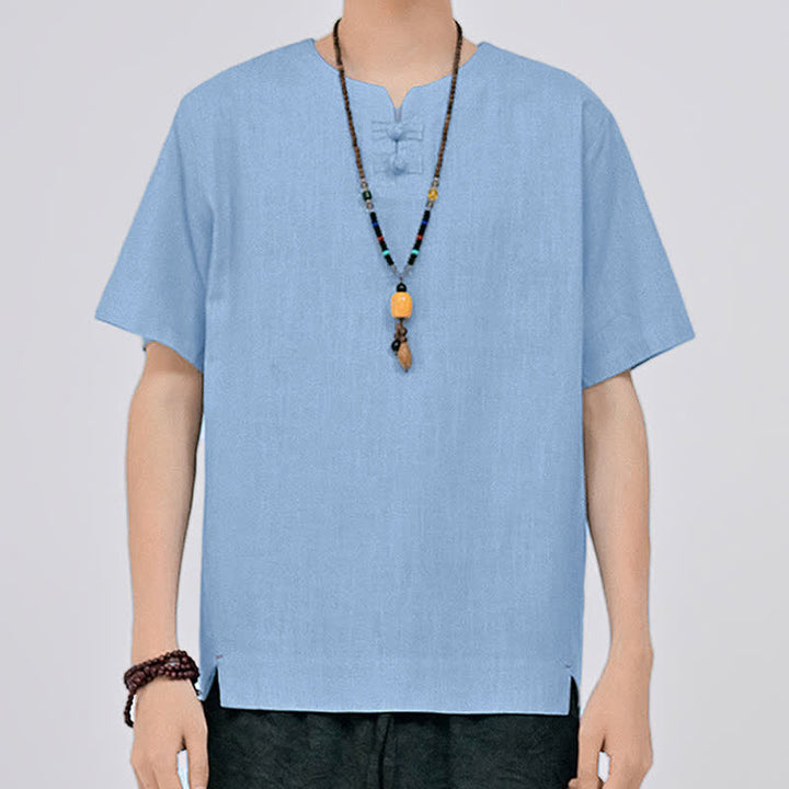 Buddha Stones Letnie koszule męskie w stylu Tang, minimalistyczne, z dwoma guzikami w kształcie żaby, z okrągłym dekoltem i krótkim rękawem - image 17
