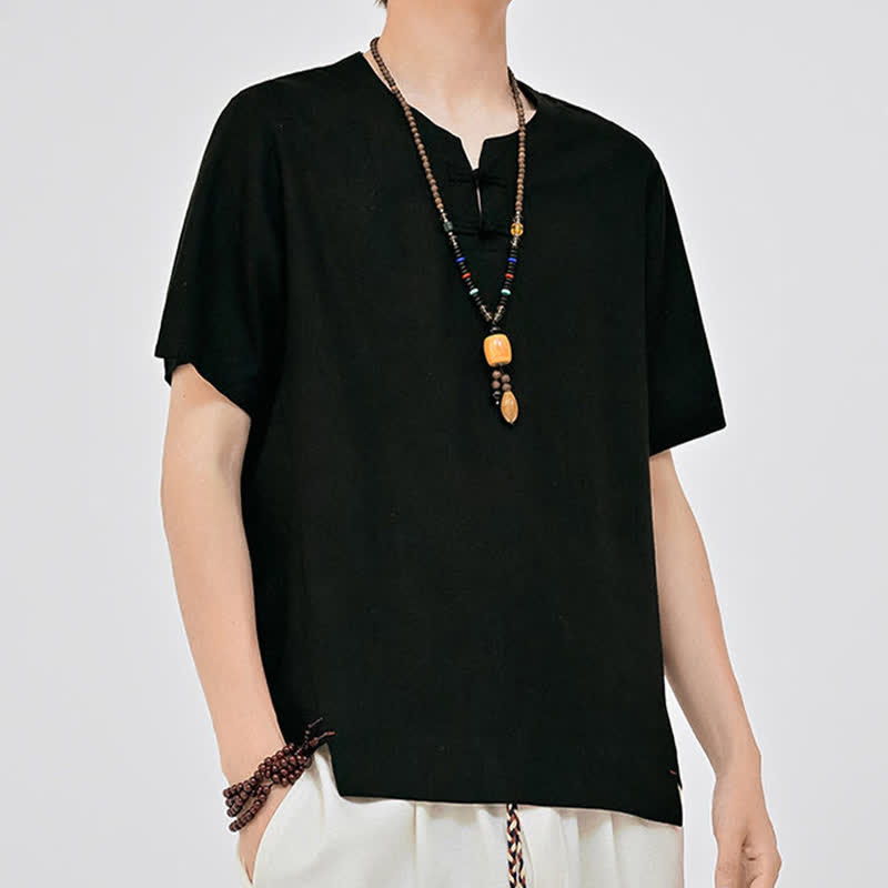 Buddha Stones Letnie koszule męskie w stylu Tang, minimalistyczne, z dwoma guzikami w kształcie żaby, z okrągłym dekoltem i krótkim rękawem - image 12