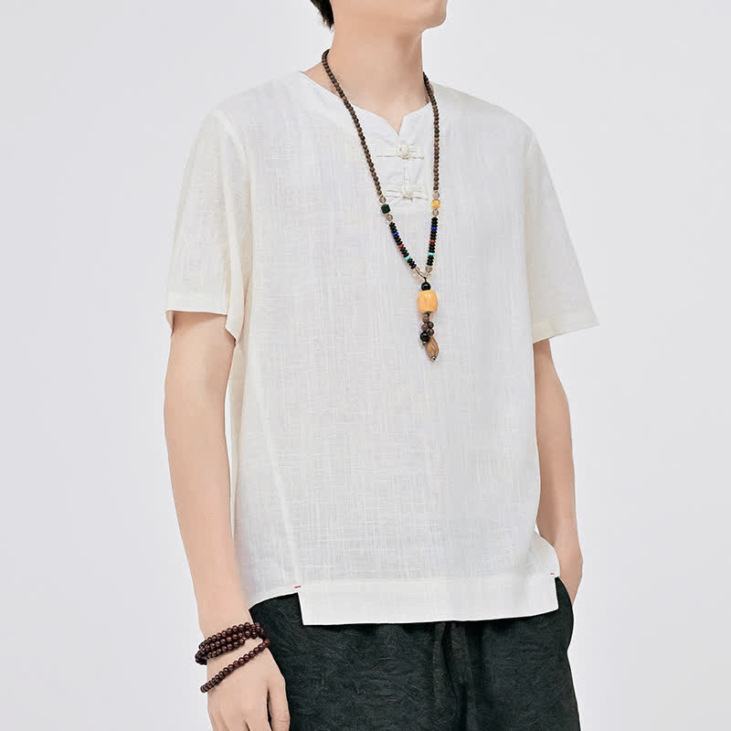 Buddha Stones Letnie koszule męskie w stylu Tang, minimalistyczne, z dwoma guzikami w kształcie żaby, z okrągłym dekoltem i krótkim rękawem - image 1
