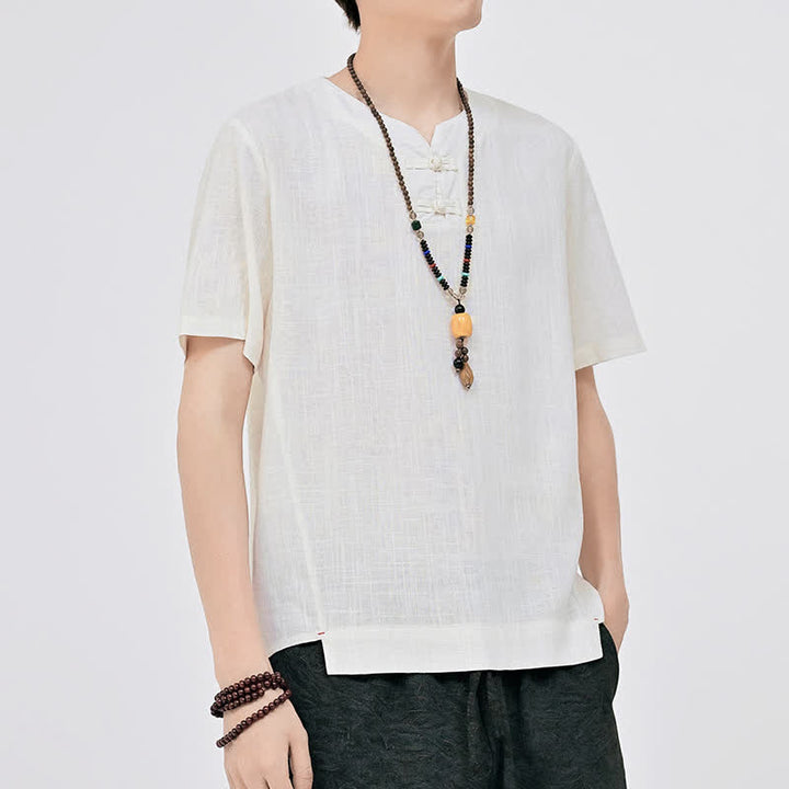 Buddha Stones Letnie koszule męskie w stylu Tang, minimalistyczne, z dwoma guzikami w kształcie żaby, z okrągłym dekoltem i krótkim rękawem - image 1