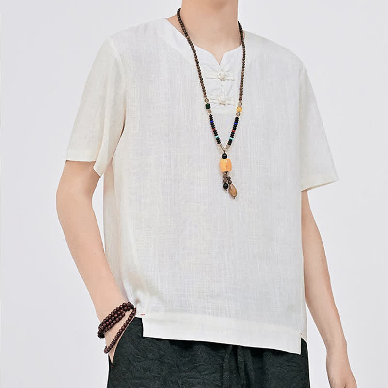 Buddha Stones Letnie koszule męskie w stylu Tang, minimalistyczne, z dwoma guzikami w kształcie żaby, z okrągłym dekoltem i krótkim rękawem - image 6