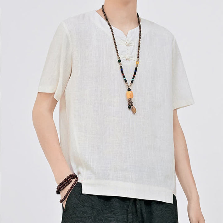 Buddha Stones Letnie koszule męskie w stylu Tang, minimalistyczne, z dwoma guzikami w kształcie żaby, z okrągłym dekoltem i krótkim rękawem - image 6
