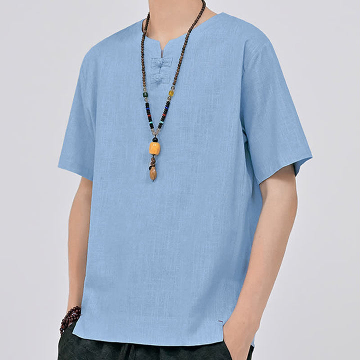 Buddha Stones Letnie koszule męskie w stylu Tang, minimalistyczne, z dwoma guzikami w kształcie żaby, z okrągłym dekoltem i krótkim rękawem - image 18