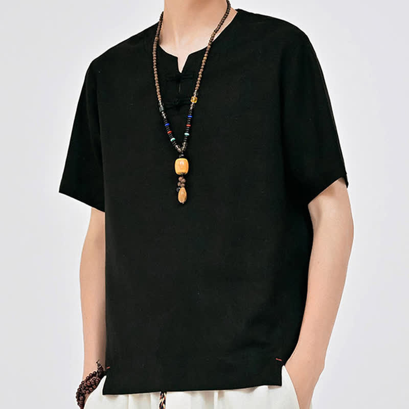 Buddha Stones Letnie koszule męskie w stylu Tang, minimalistyczne, z dwoma guzikami w kształcie żaby, z okrągłym dekoltem i krótkim rękawem - image 13