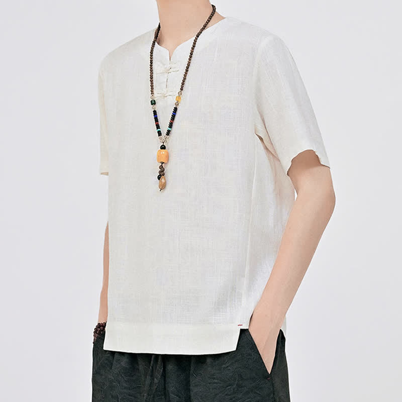 Buddha Stones Letnie koszule męskie w stylu Tang, minimalistyczne, z dwoma guzikami w kształcie żaby, z okrągłym dekoltem i krótkim rękawem - image 2