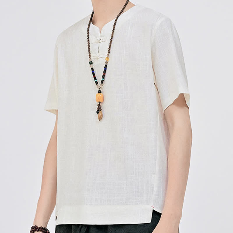 Buddha Stones Letnie koszule męskie w stylu Tang, minimalistyczne, z dwoma guzikami w kształcie żaby, z okrągłym dekoltem i krótkim rękawem - image 5