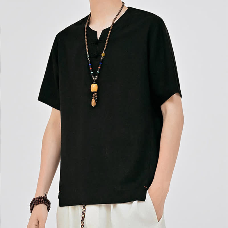 Buddha Stones Letnie koszule męskie w stylu Tang, minimalistyczne, z dwoma guzikami w kształcie żaby, z okrągłym dekoltem i krótkim rękawem - image 9