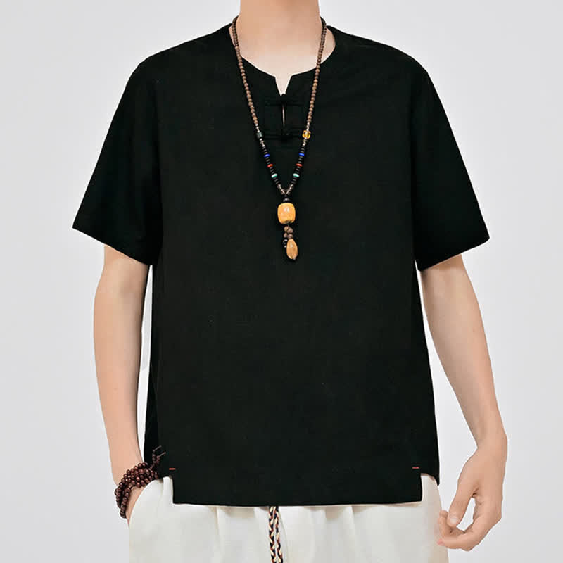 Buddha Stones Letnie koszule męskie w stylu Tang, minimalistyczne, z dwoma guzikami w kształcie żaby, z okrągłym dekoltem i krótkim rękawem - image 11
