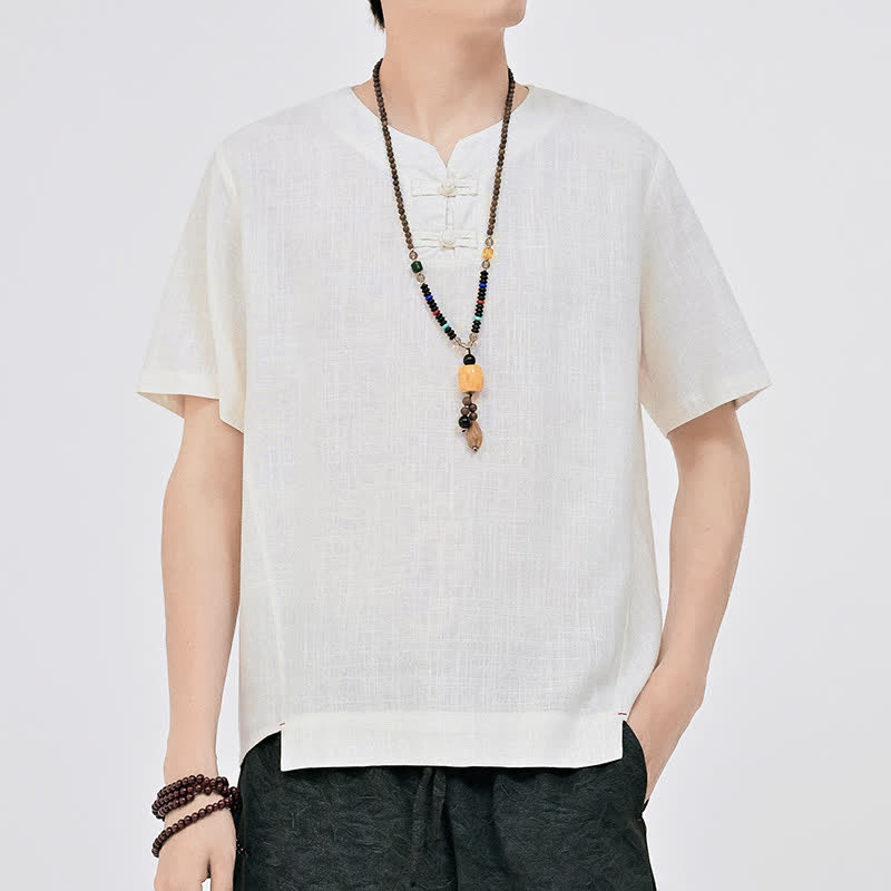 Buddha Stones Letnie koszule męskie w stylu Tang, minimalistyczne, z dwoma guzikami w kształcie żaby, z okrągłym dekoltem i krótkim rękawem - Biały - US/UK/AU46, EU56 (5XL) - image 0