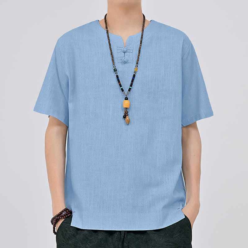 Buddha Stones Letnie koszule męskie w stylu Tang, minimalistyczne, z dwoma guzikami w kształcie żaby, z okrągłym dekoltem i krótkim rękawem - image 19