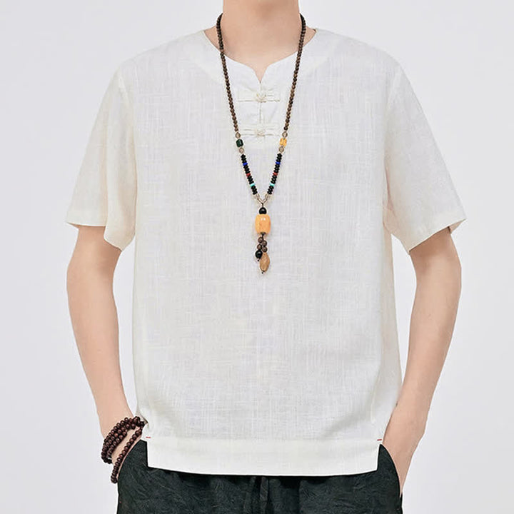 Buddha Stones Letnie koszule męskie w stylu Tang, minimalistyczne, z dwoma guzikami w kształcie żaby, z okrągłym dekoltem i krótkim rękawem - image 3