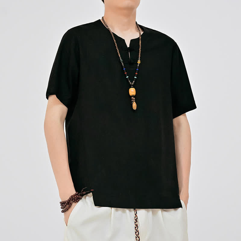 Buddha Stones Letnie koszule męskie w stylu Tang, minimalistyczne, z dwoma guzikami w kształcie żaby, z okrągłym dekoltem i krótkim rękawem - image 8