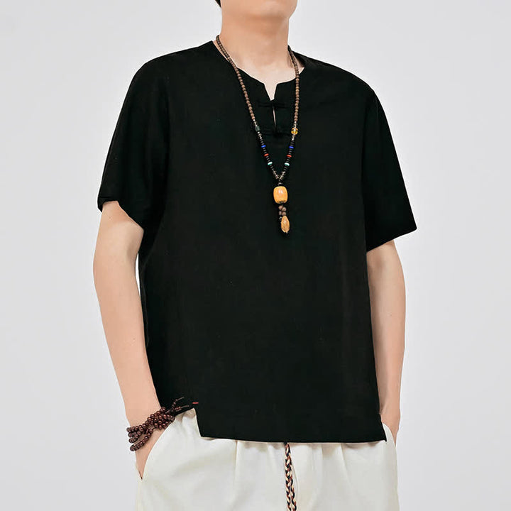 Buddha Stones Letnie koszule męskie w stylu Tang, minimalistyczne, z dwoma guzikami w kształcie żaby, z okrągłym dekoltem i krótkim rękawem - image 8