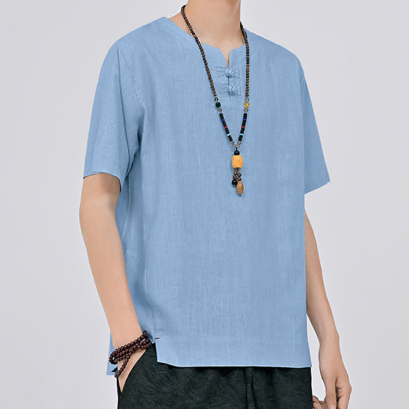 Buddha Stones Letnie koszule męskie w stylu Tang, minimalistyczne, z dwoma guzikami w kształcie żaby, z okrągłym dekoltem i krótkim rękawem - image 20