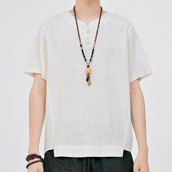Buddha Stones Letnie koszule męskie w stylu Tang, minimalistyczne, z dwoma guzikami w kształcie żaby, z okrągłym dekoltem i krótkim rękawem - image 4
