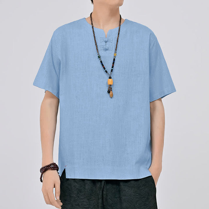 Buddha Stones Letnie koszule męskie w stylu Tang, minimalistyczne, z dwoma guzikami w kształcie żaby, z okrągłym dekoltem i krótkim rękawem - Jasnoniebieski - US/UK/AU46, EU56 (5XL) - image 14