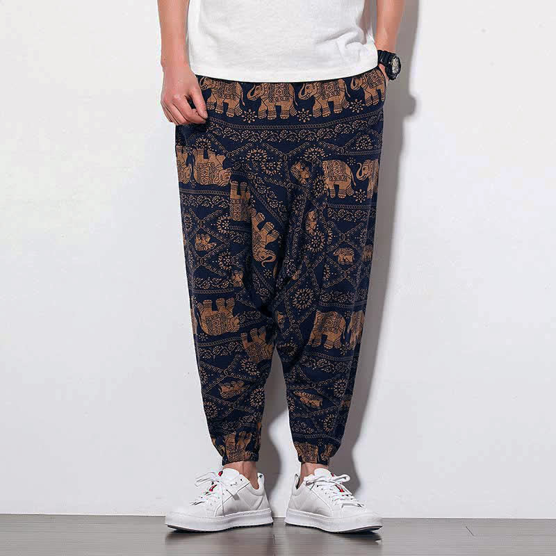 Męskie spodnie haremowe z długimi, skróconymi kieszeniami i motywem słonia w kolorze brązowym i czarnym z Buddha Stones - image 1