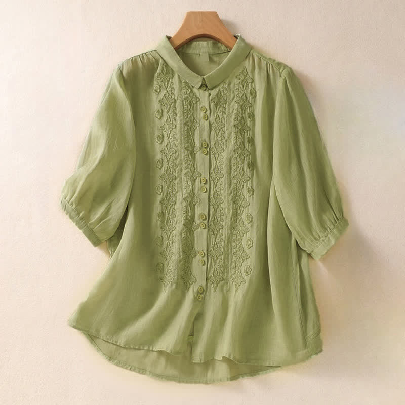 Koszula damska z kwiatowym haftem i guzikami w kolorze "Buddha Stones" z długim rękawem i klapami - PaleGreen - US8-10，UK/AU12-14，EU40-42 (2XL) - image 0