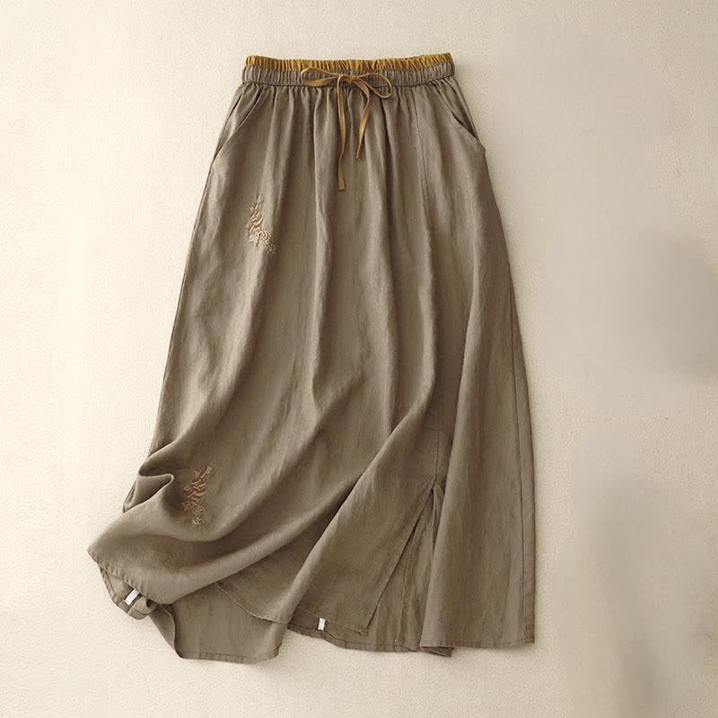 Spódnica damska ze ściągaczem i kieszeniami, vintage, z haftowanymi Buddha Stones - Oliwka - US8-10，UK/AU12-14，EU40-42 (2XL) - image 0