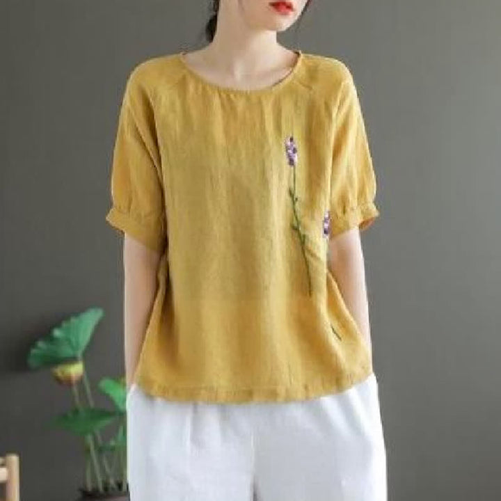 Damska koszulka z okrągłym dekoltem i haftowanym kwiatowym wzorem "Buddha Stones" w stylu vintage - Khaki - US8-10，UK/AU12-14，EU40-42 (2XL) - image 5