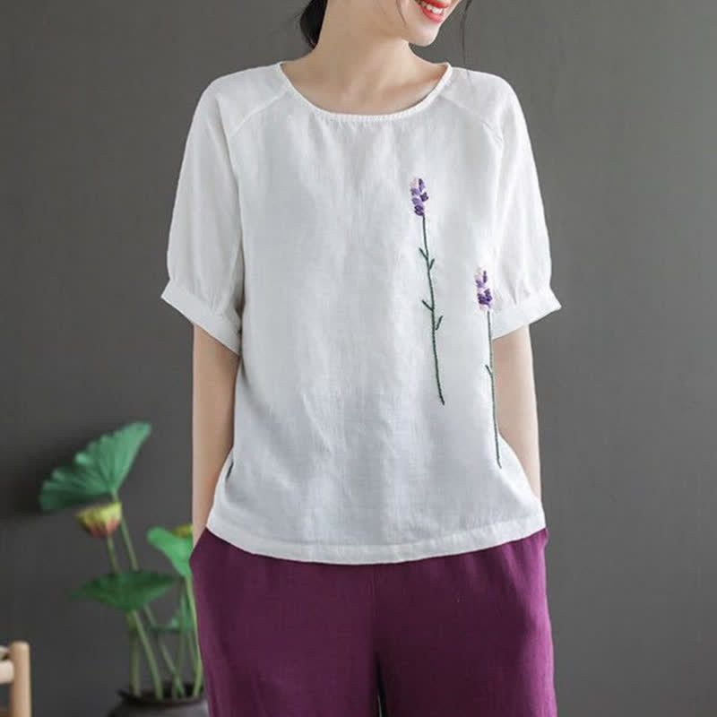 Damska koszulka z okrągłym dekoltem i haftowanym kwiatowym wzorem "Buddha Stones" w stylu vintage - Biały - US8-10，UK/AU12-14，EU40-42 (2XL) - image 11
