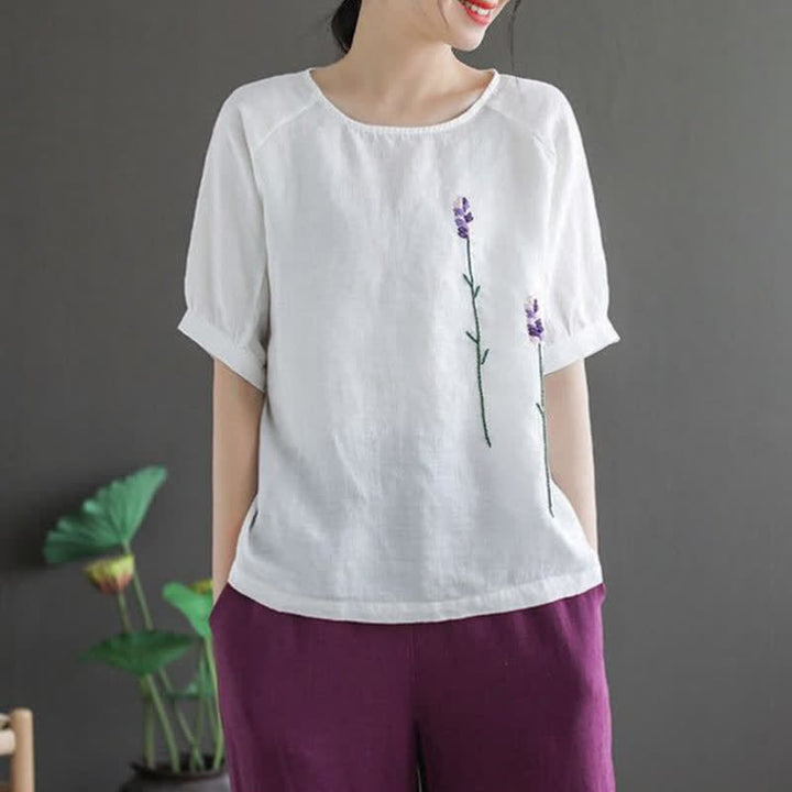 Damska koszulka z okrągłym dekoltem i haftowanym kwiatowym wzorem "Buddha Stones" w stylu vintage - Biały - US8-10，UK/AU12-14，EU40-42 (2XL) - image 11