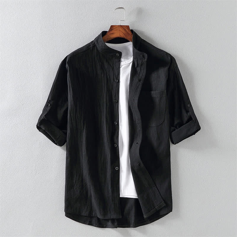 Koszula męska z krótkim rękawem i guzikami "Buddha Stones Summer Solid" - Czarny - US/UK/AU46， EU56 (5XL) - image 0