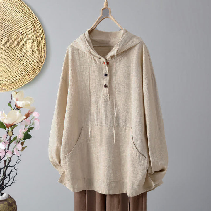 Damska bluza z kapturem z długim rękawem i kieszeniami „Buddha Stones” z prostymi guzikami - Beżowy - US8-10，UK/AU12-14，EU40-42 (2XL) - image 0