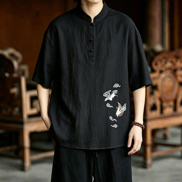 Buddha Stones Letnie koszule męskie z krótkim rękawem w stylu Tang, z kołnierzykiem stójkowym i haftowanym żurawiem - Czarny - US/UK/AU48, EU58 (6XL) - image 12