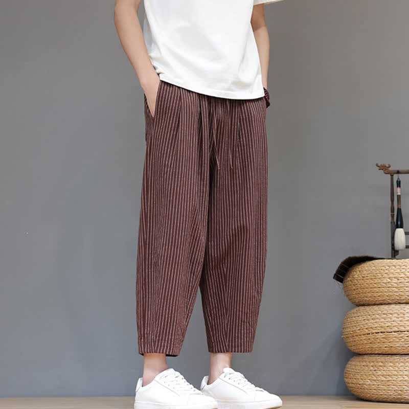 Buddha Stones Letnie, swobodne, minimalistyczne spodnie capri z bawełny i lnu w paski, zwężane, męskie, z kieszeniami - image 18