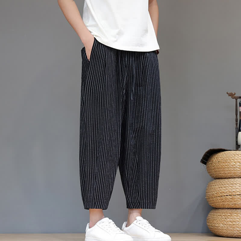 Buddha Stones Letnie, swobodne, minimalistyczne spodnie capri z bawełny i lnu w paski, zwężane, męskie, z kieszeniami - image 10