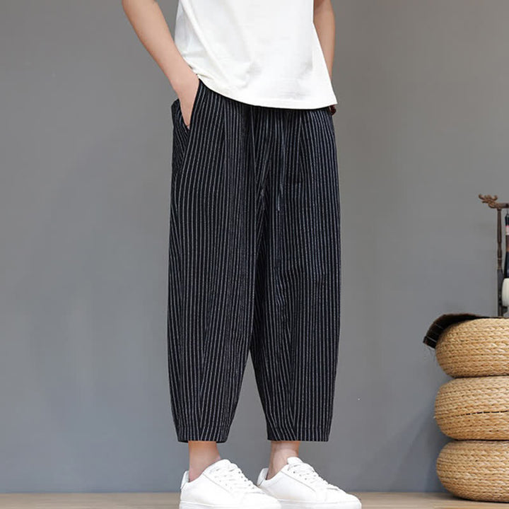 Buddha Stones Letnie, swobodne, minimalistyczne spodnie capri z bawełny i lnu w paski, zwężane, męskie, z kieszeniami - image 10