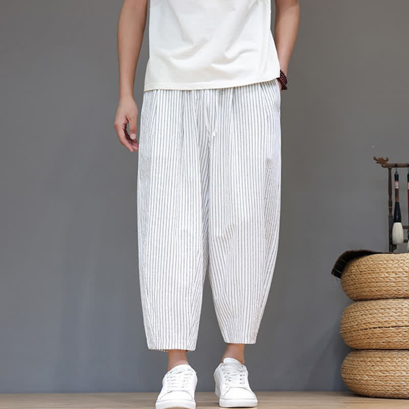 Buddha Stones Letnie, swobodne, minimalistyczne spodnie capri z bawełny i lnu w paski, zwężane, męskie, z kieszeniami - image 27